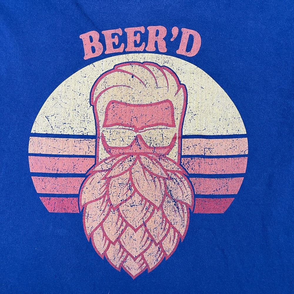 Beer'd Hops Beard Men's Large Navy Blue T-Shirt Graphic Retro Sunset Tee